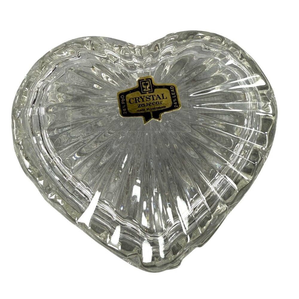 Heart-Shaped Crystal Zajecar 24% Lead Glass Trinket Box Made In Yugoslavia